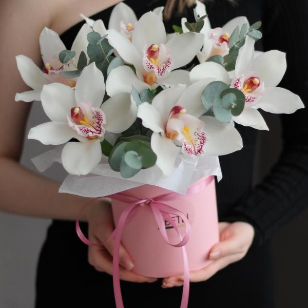 Коробка белых орхидей с эвкалиптом